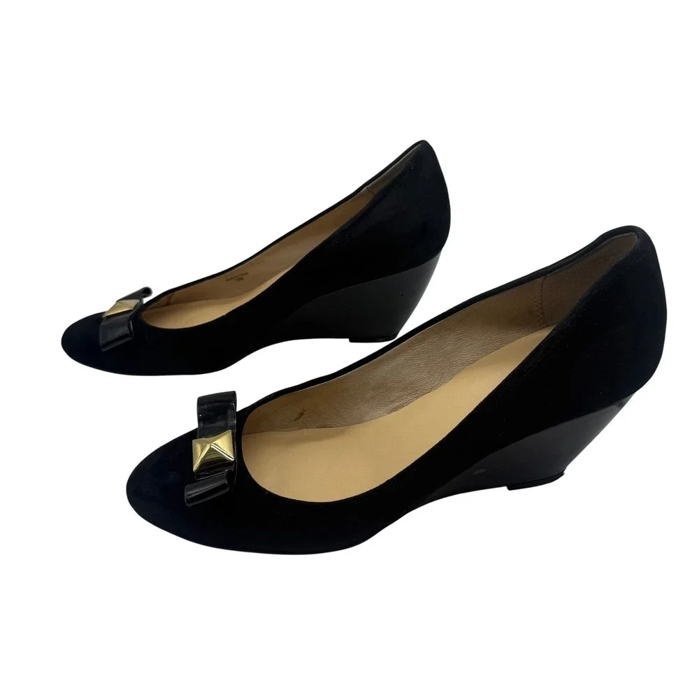 Kate Spade Black Suede Wedge Heels with Patent Bow and Gold Studs - Size‎ 10M